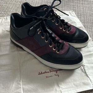 Salvatore Ferragamo high top leather sneakers size 10.5 black blue & maroon gold